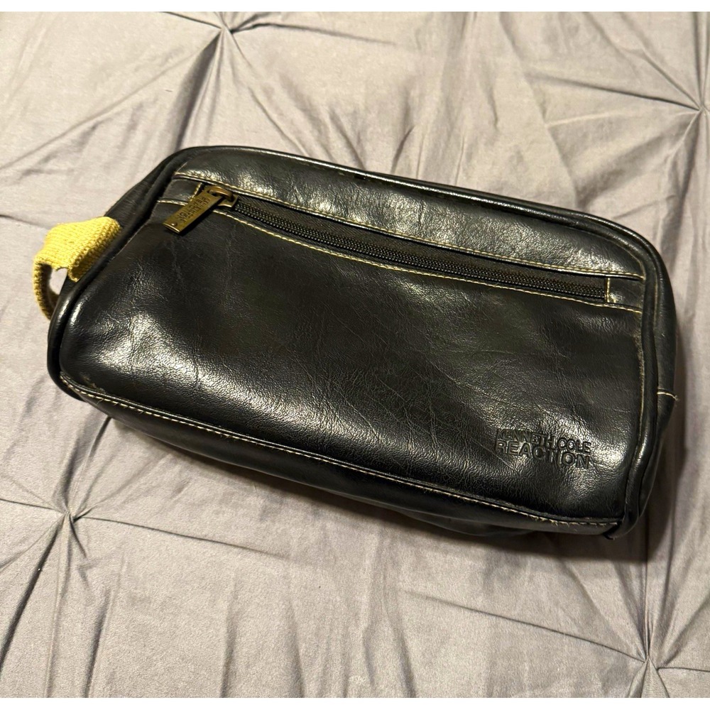 Kenneth Cole Reaction Black Faux Leather Toiletry Bag Travel Dopp Kit Zipper